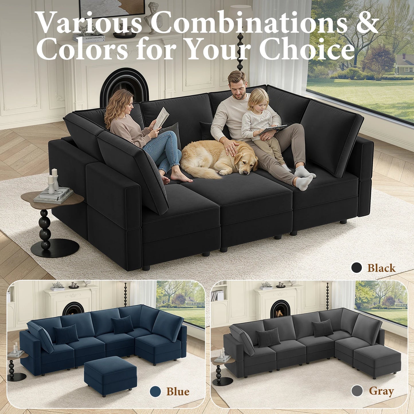 Modular Sectional Sofa with Storage Convertible Couch Sleeper with Chaise Velvet Living Room Decor Couch Set Modern Design Black