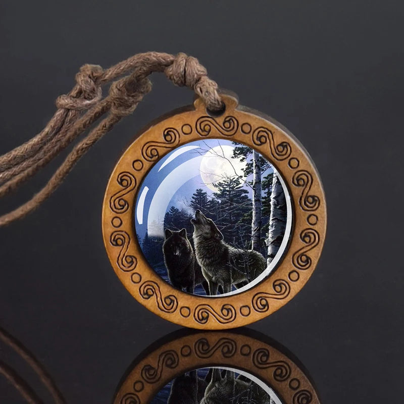 Wolf Glass Dome Necklace Men Vintage Wolf Head Wood Pendant Rope Chain Necklace Retro Jewelry