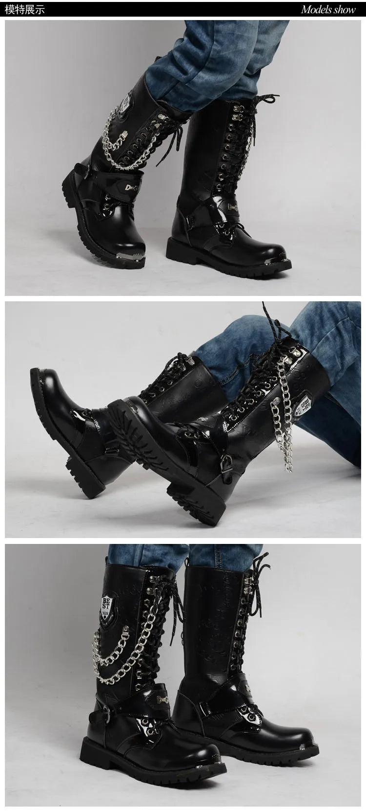 Men's Leather Motorcycle Boots Fashion Chain Mid-calf Platform Boots Gothic Belt Punk Boots for Men Designer Biker Boots Men