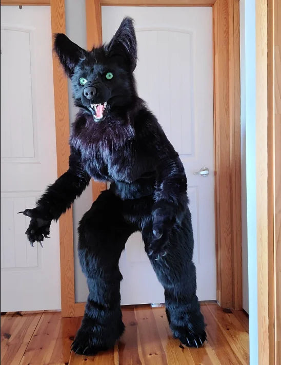 Black Wolf fursuit mascot costume Plush husky wearing camouflage suit Cosplay Halloween commercial show