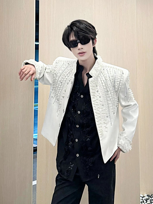 2025 Men's Autumn New Sparkling Beaded Rhinestone Personality Jackets Solid Color Long Sleeve Stylish Tops Male Handsome Coats