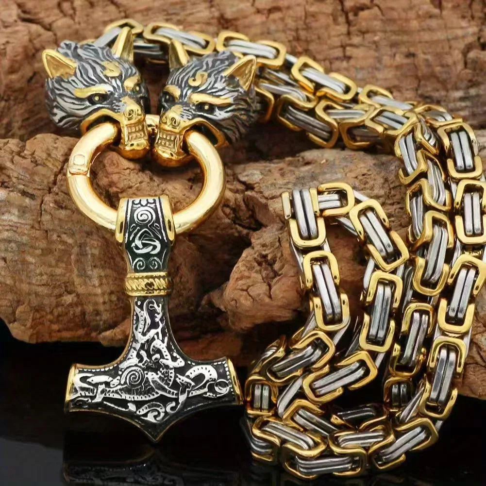 Vintage Stainless Steel Nordic Viking Runes Hammer Pendant Necklace Bracelet with Wolf Design for Men Drop-shiping Wholesale