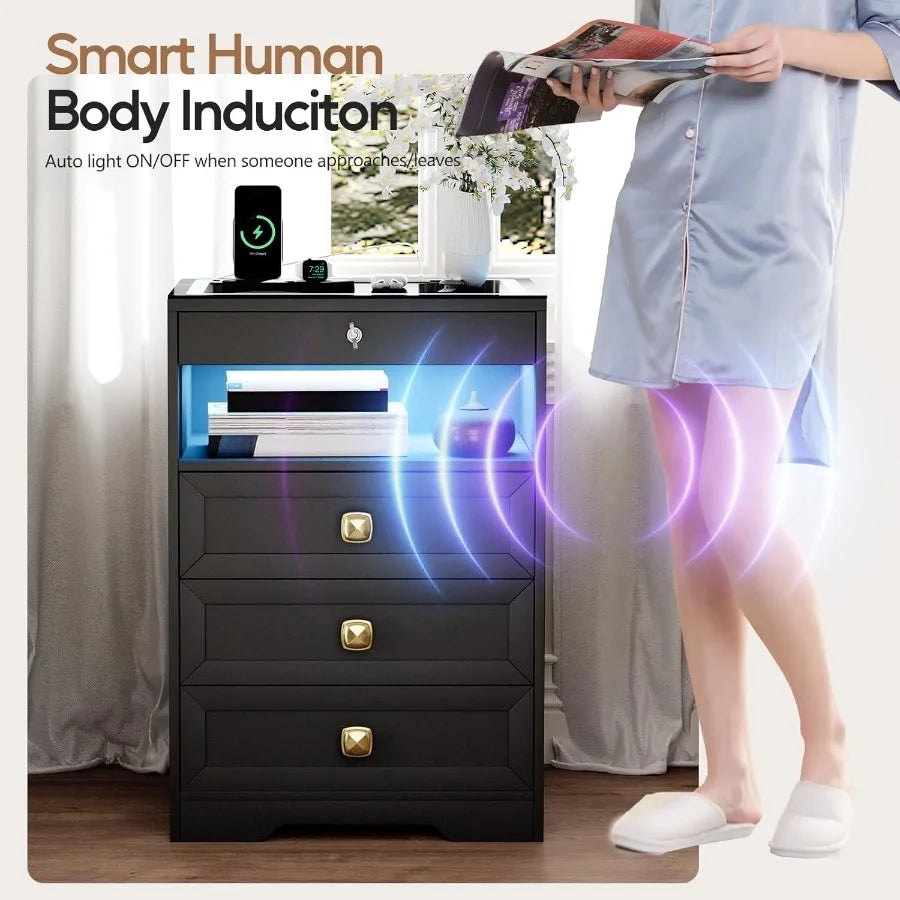 Modern farmhousestyle nightstand with lockable gun drawer builtin charging station and 3 LED lights for bedroom safety and conv