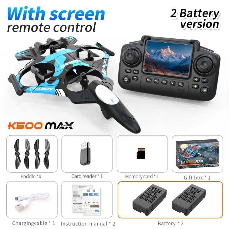 K500 MAX is equipped with a screen, a 2.4G remote-controlled aerobatic gliding fighter jet and a 360° rolling drone toy gift