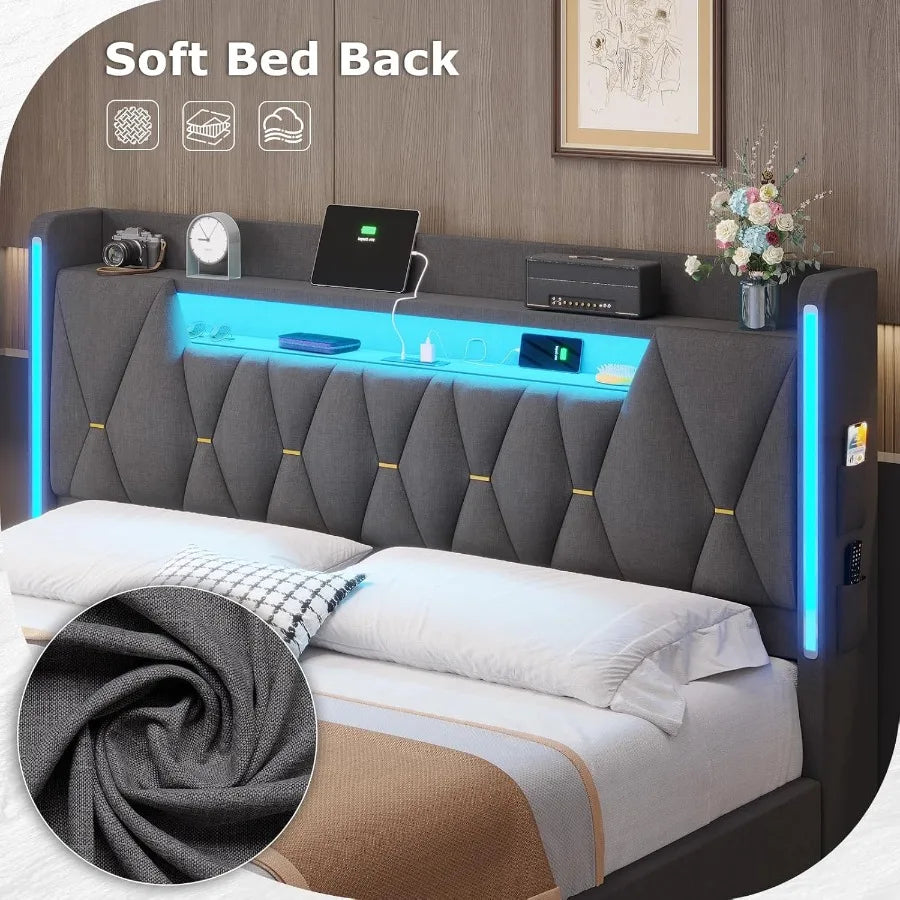 King Size Bed Frame with LED Lights and Charging Station for Modern Bedrooms Hidden Storage Space and 2Tier Shelves Upholstered