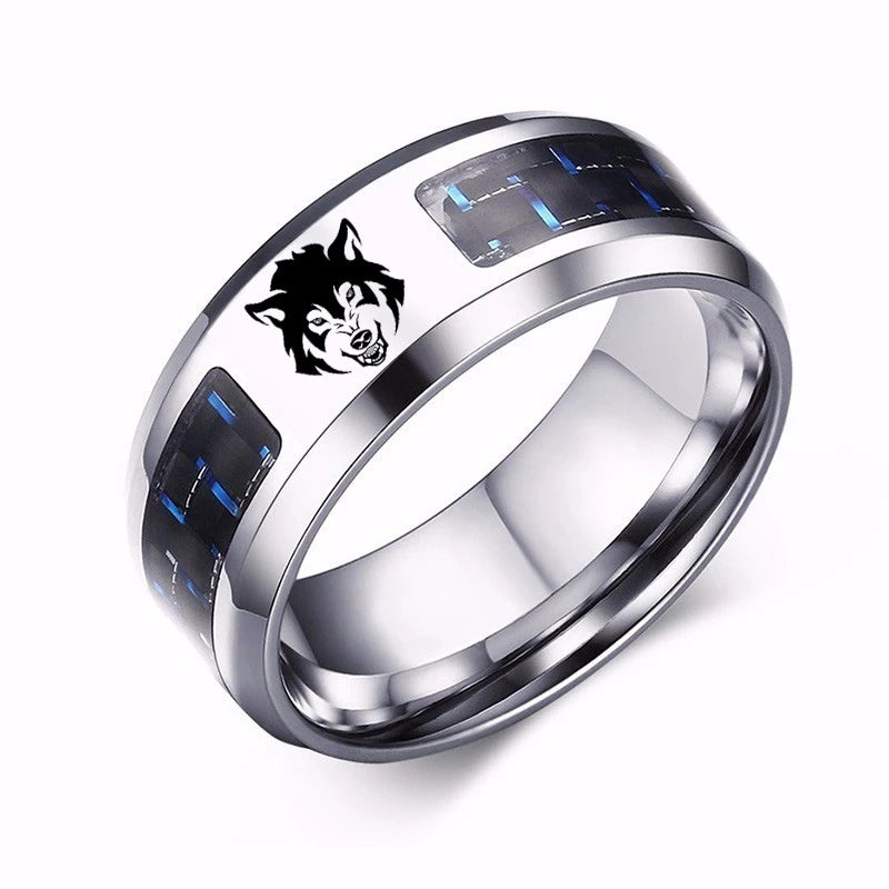 Laser Engraved Wolf Men Ring for Men Stainless Steel Blue Carbon Fibre 8mm Wedding Band