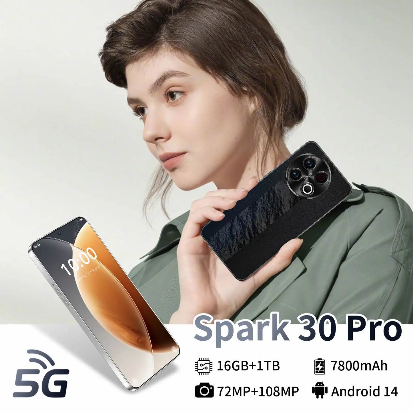R C53 Spark 30 Refurbished 5G Android 14 Smartphone 108MP Camera HD Display Dual SIM Quick Charge French/Spanish/English