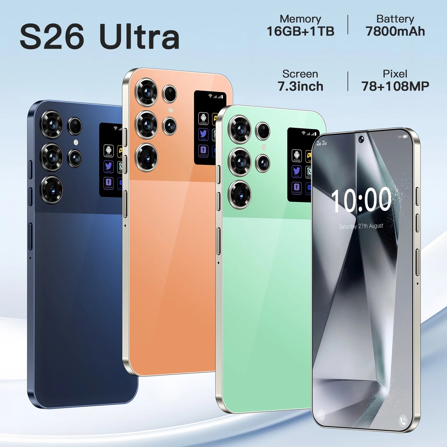 Hot Selling S26 Ultra Original 5G Smartphone 16GB+1TB 72MP+108MP Dual Camera HD Full Display Android 14 Face Unlock 100W