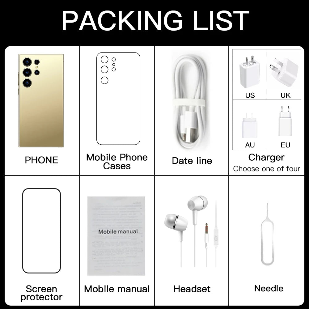 Hot Selling S24 ULTRA Original 6GB+128GB 5G Smartphone 7.3 Inch 72MP+108MP Android 14 Cell Phone Unlocked Gaming Mobile Phones