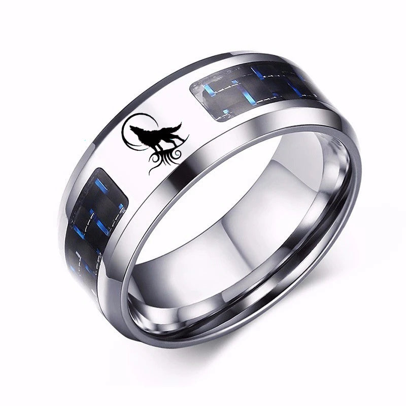 Laser Engraved Wolf Men Ring for Men Stainless Steel Blue Carbon Fibre 8mm Wedding Band