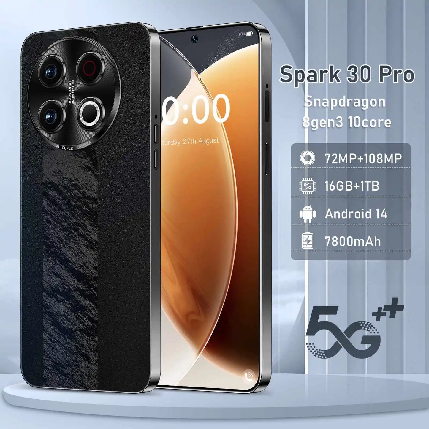 R C53 Spark 30 Refurbished 5G Android 14 Smartphone 108MP Camera HD Display Dual SIM Quick Charge French/Spanish/English