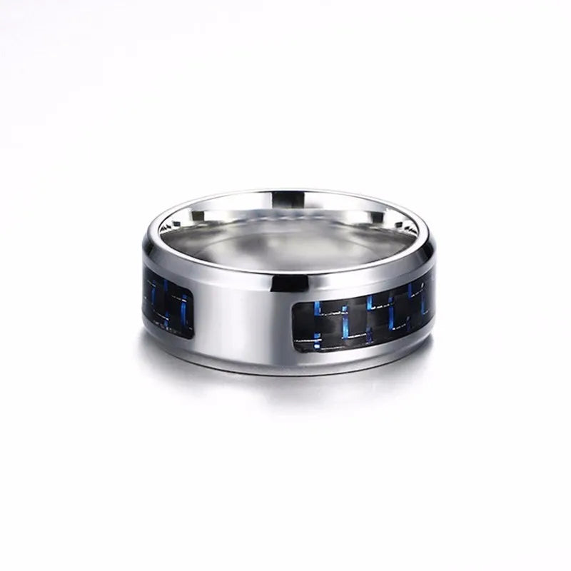 Laser Engraved Wolf Men Ring for Men Stainless Steel Blue Carbon Fibre 8mm Wedding Band