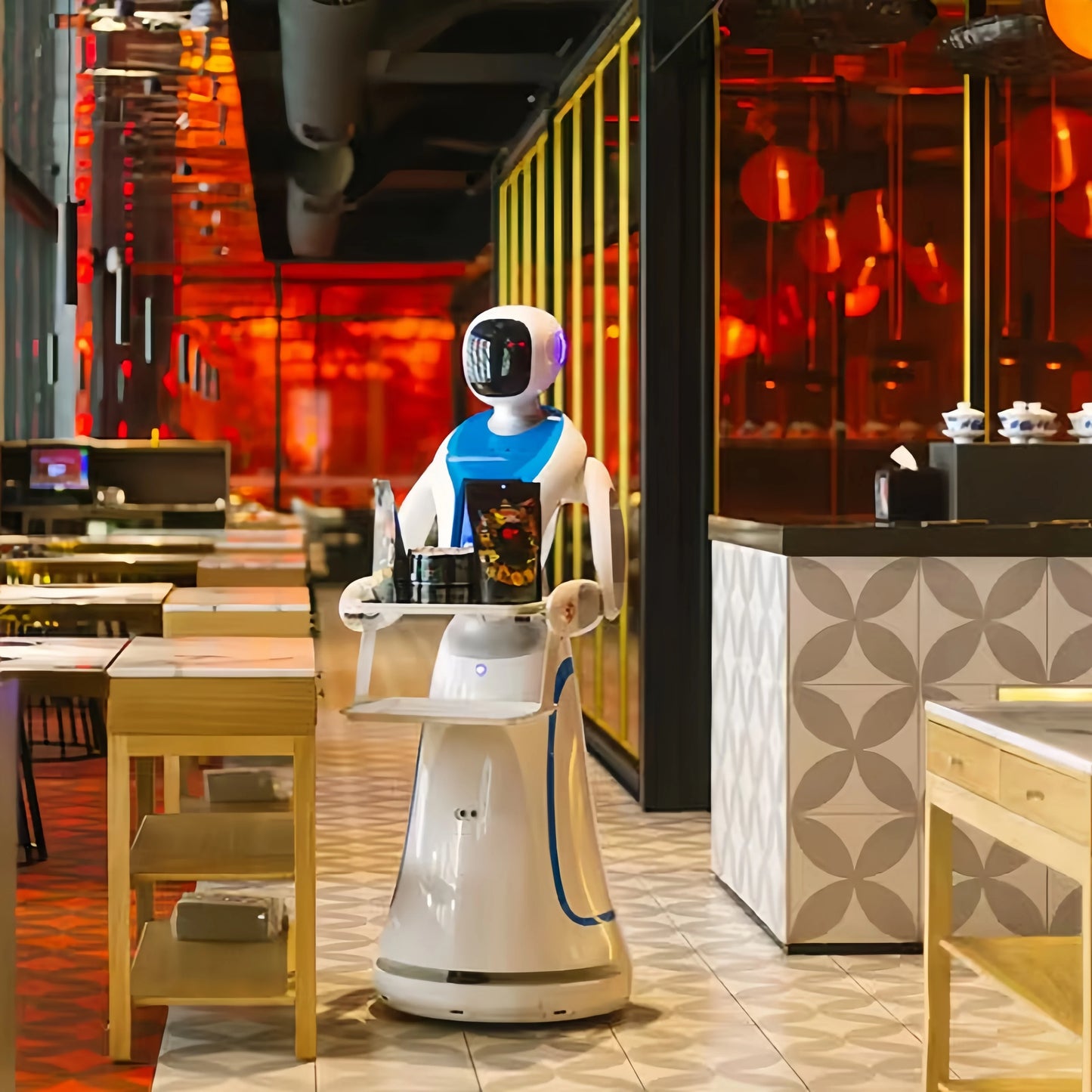 Amy Humanoid AI Robot Waiter for Restaurant / Coffee Shop Automatic Walk and Talk Meal robotic server