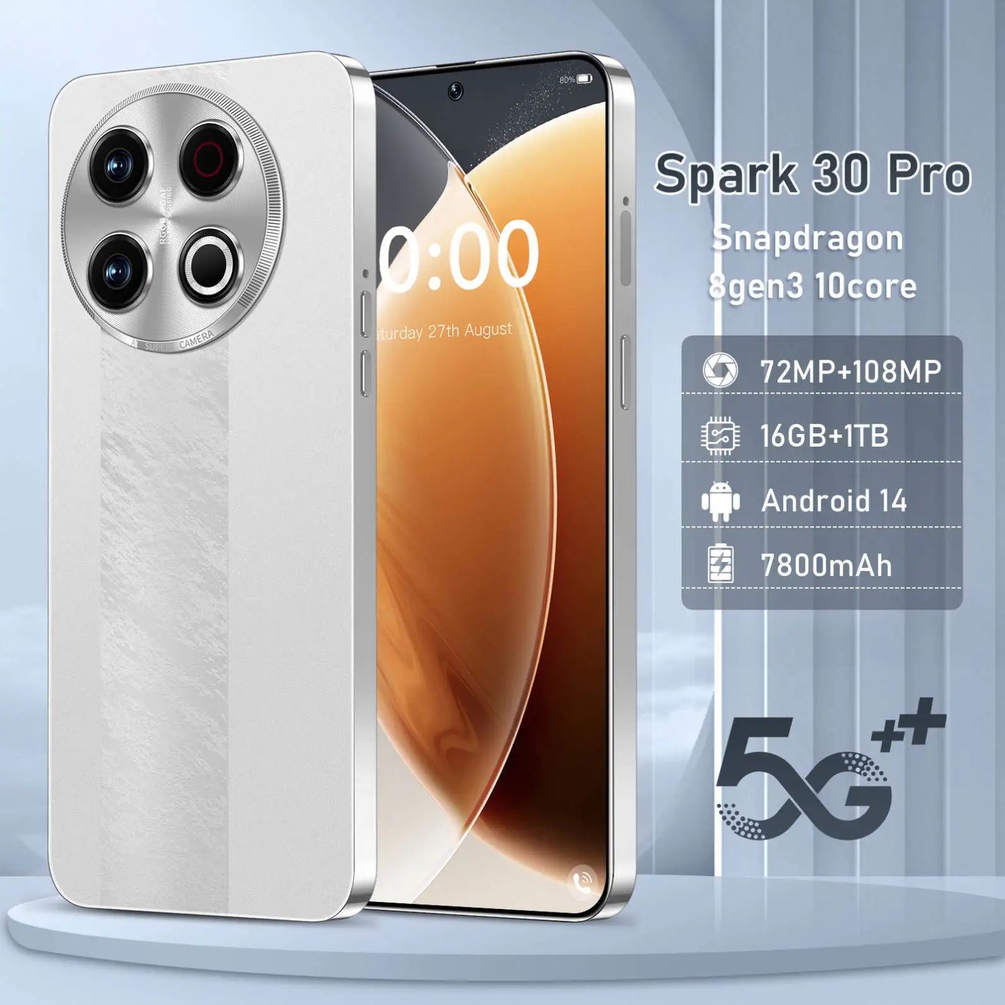 R C53 Spark 30 Refurbished 5G Android 14 Smartphone 108MP Camera HD Display Dual SIM Quick Charge French/Spanish/English