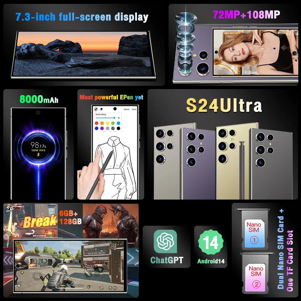 Hot Selling S24 ULTRA Original 6GB+128GB 5G Smartphone 7.3 Inch 72MP+108MP Android 14 Cell Phone Unlocked Gaming Mobile Phones