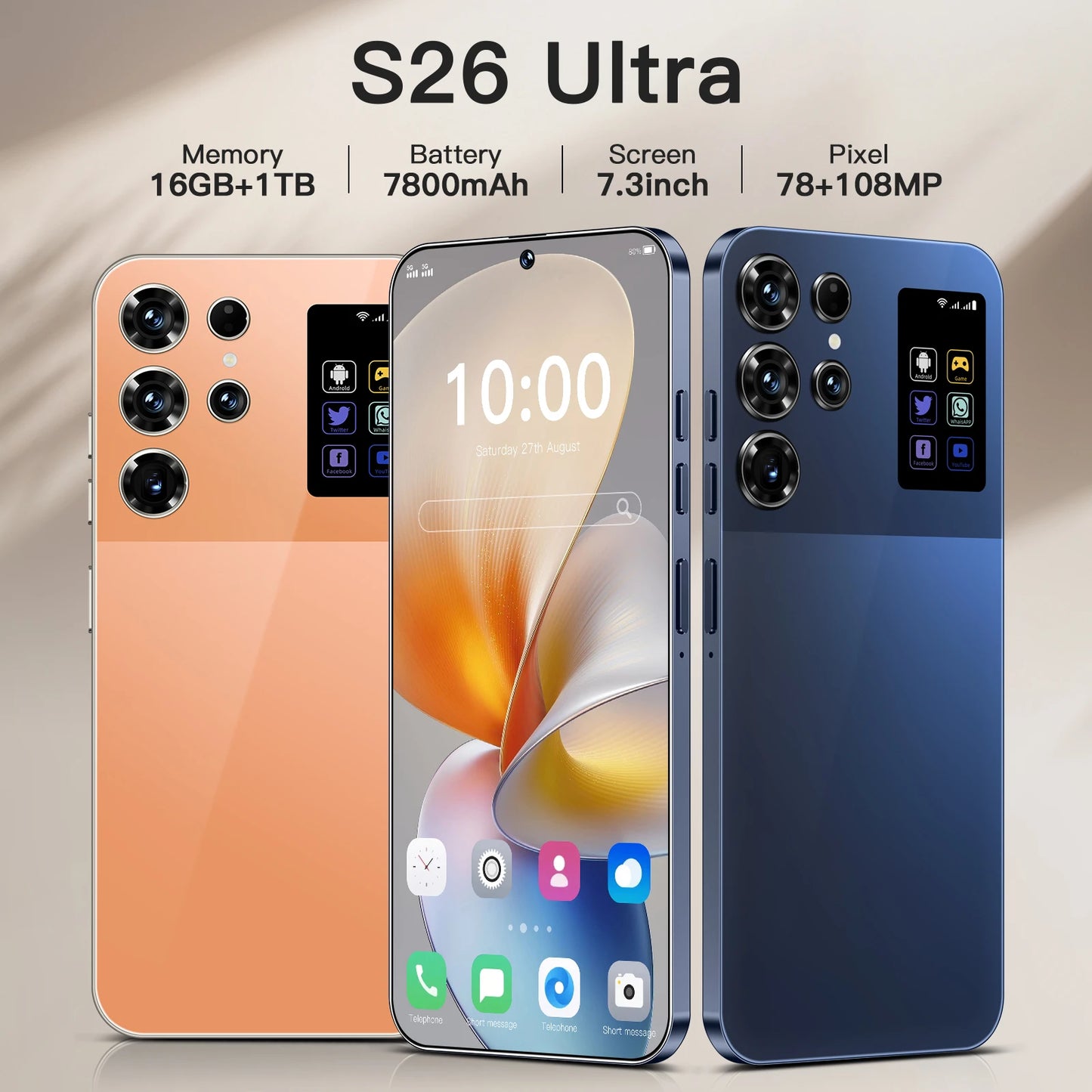 Hot Selling S26 Ultra Original 5G Smartphone 16GB+1TB 72MP+108MP Dual Camera HD Full Display Android 14 Face Unlock 100W