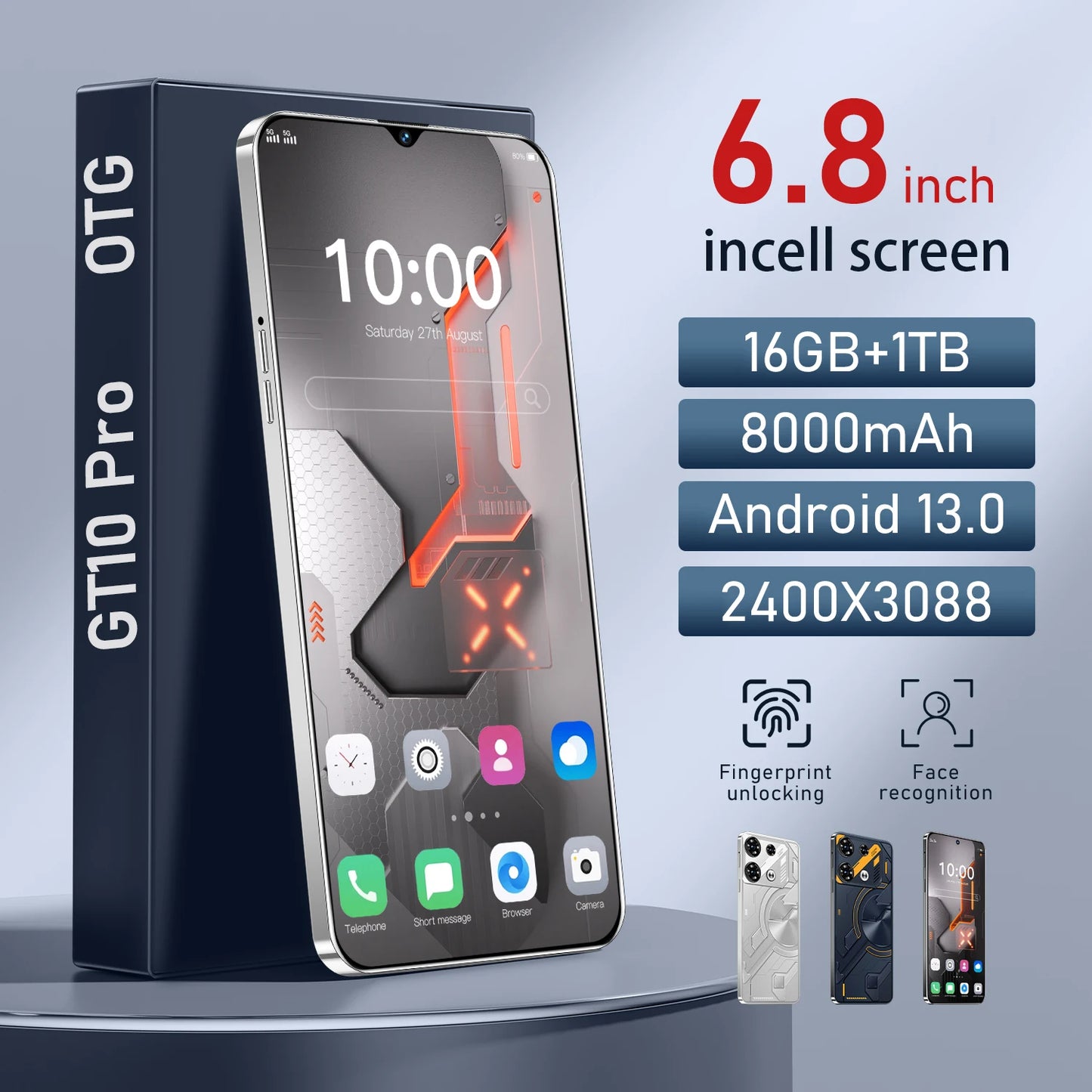 2025 Original GT10pro 5G Smartphone 16GB+1TB 6.8 Inch 13.0 Android Mobile Phones Unlocked Dual Card English French Spanish HD