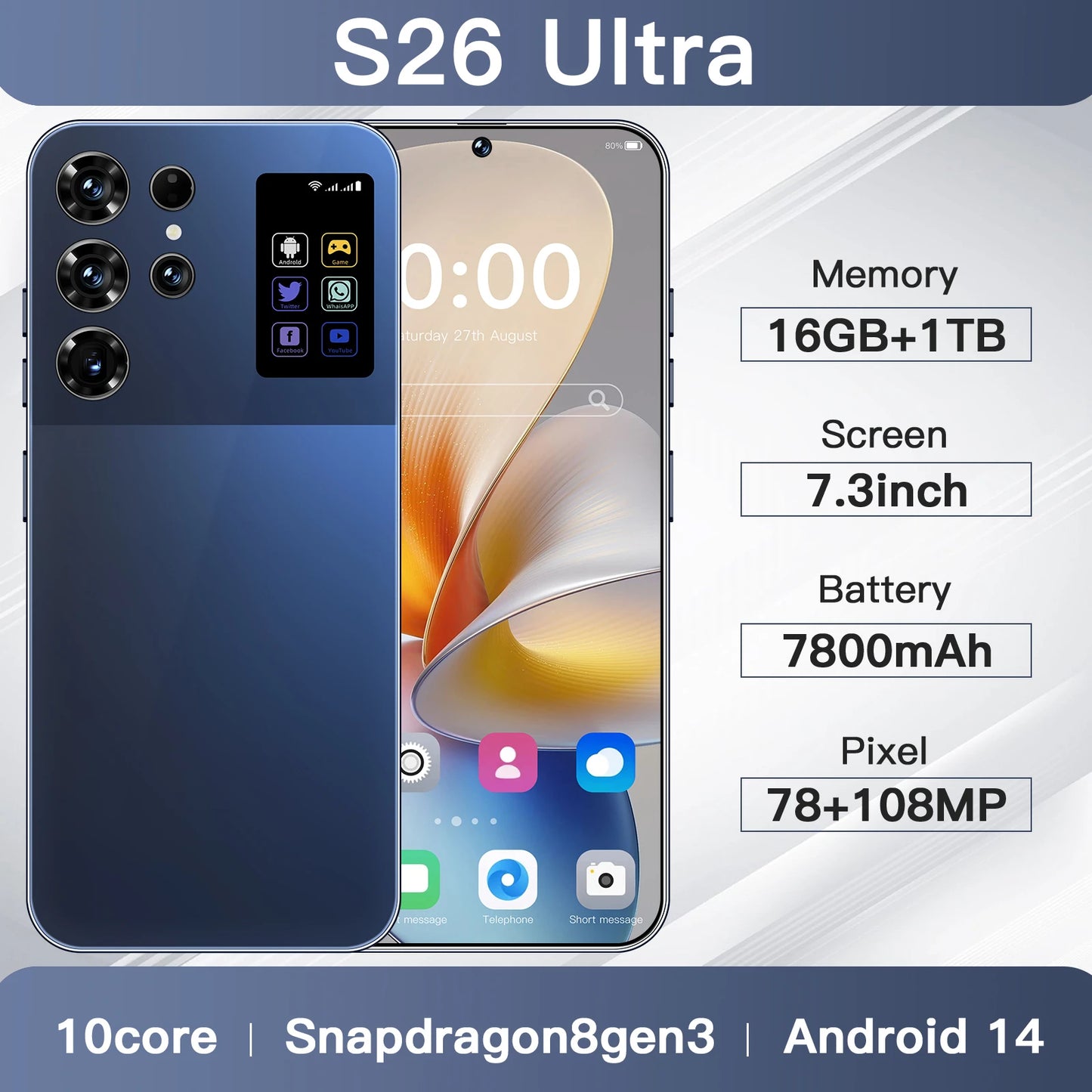 Hot Selling S26 Ultra Original 5G Smartphone 16GB+1TB 72MP+108MP Dual Camera HD Full Display Android 14 Face Unlock 100W