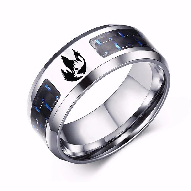 Laser Engraved Wolf Men Ring for Men Stainless Steel Blue Carbon Fibre 8mm Wedding Band