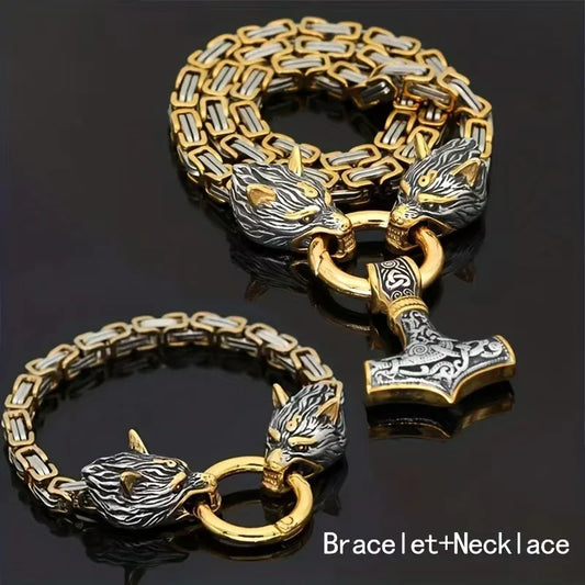 Vintage Stainless Steel Nordic Viking Runes Hammer Pendant Necklace Bracelet with Wolf Design for Men Drop-shiping Wholesale