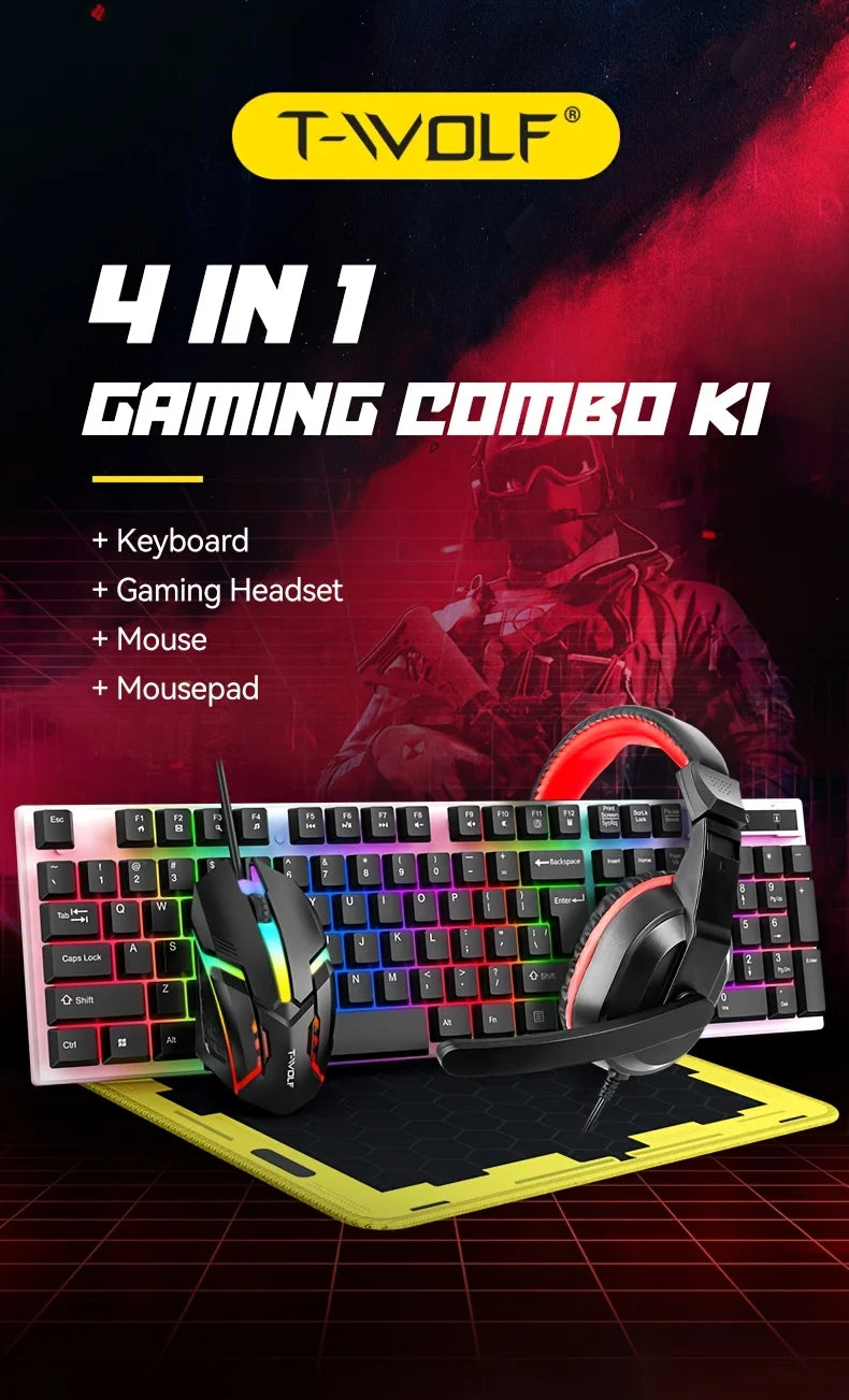 4-in-1 Wired Keyboard and Mouse Set, USB Plug Keyboard and Mouse Suitable for Laptops & Desktops, 104 Keys with RGB Backlighting