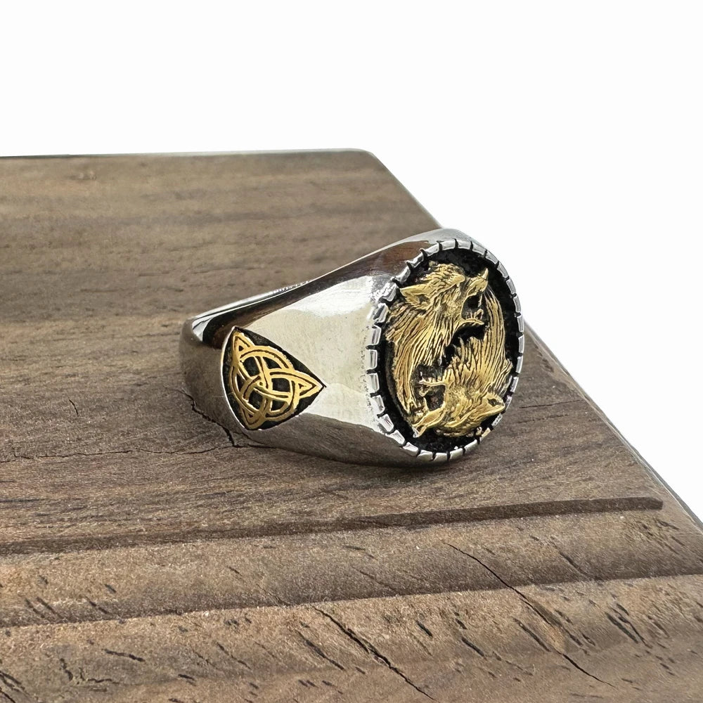 Golden Silver Viking Solid Wolfs Ring 316L Stainless Steel Jewelry Biker Punk Celtic Knot Ring Size 7-13