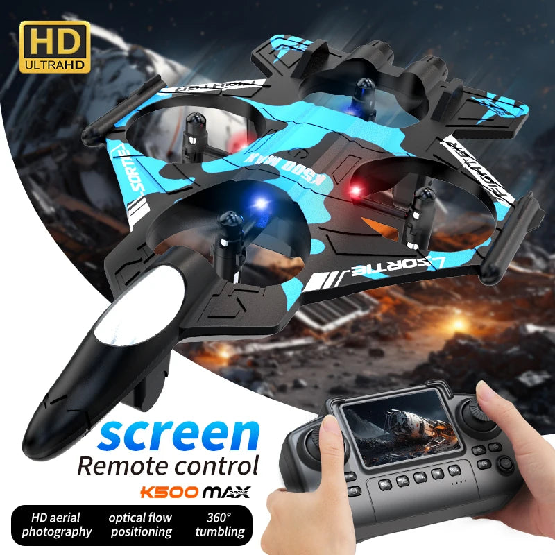 K500 MAX is equipped with a screen, a 2.4G remote-controlled aerobatic gliding fighter jet and a 360° rolling drone toy gift