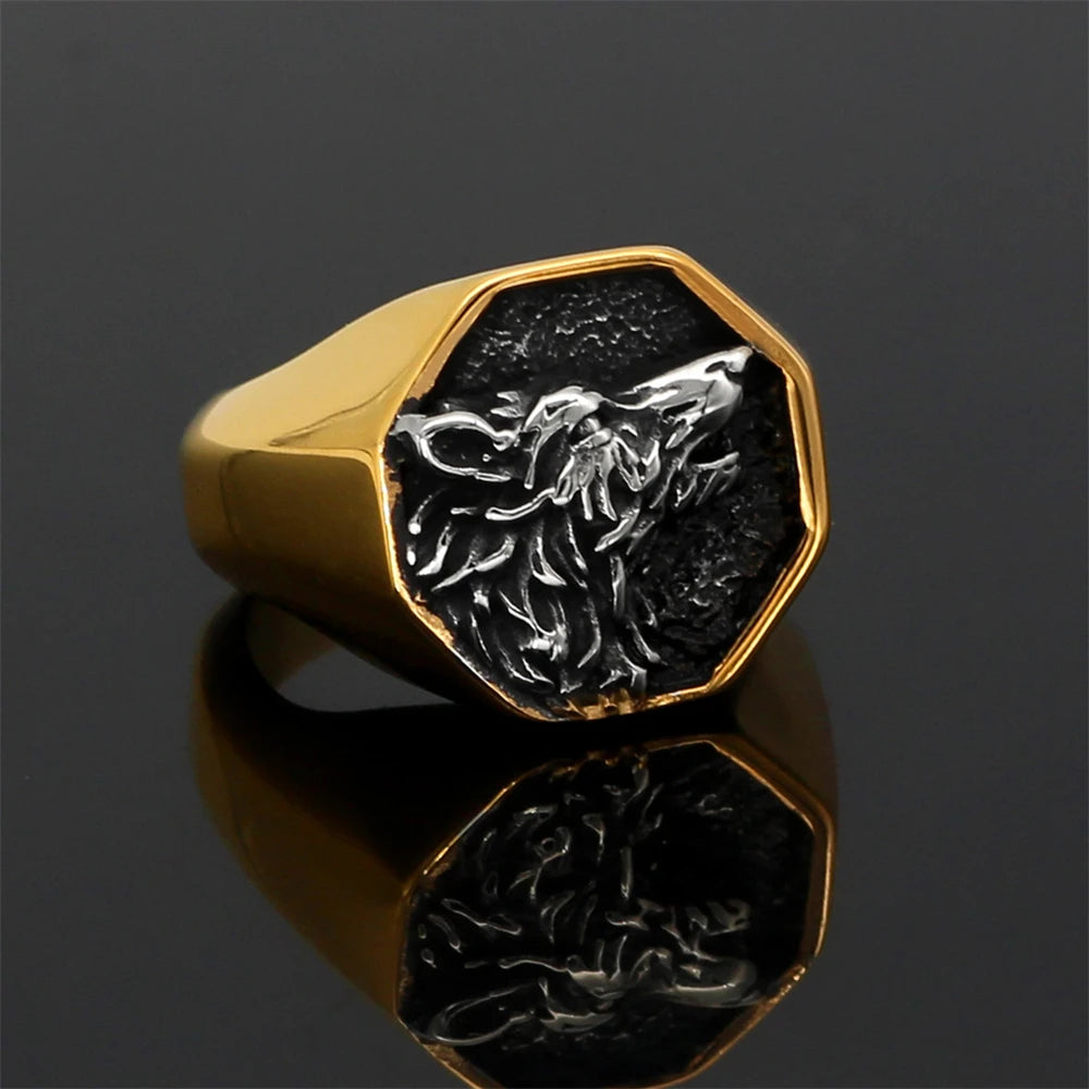 Punk Gold Color Odin Wolf Signet Rings Men Stainless Steel Norse Mythology Geri&Freki Amulet Ring Retro Viking Icelandic Jewelry