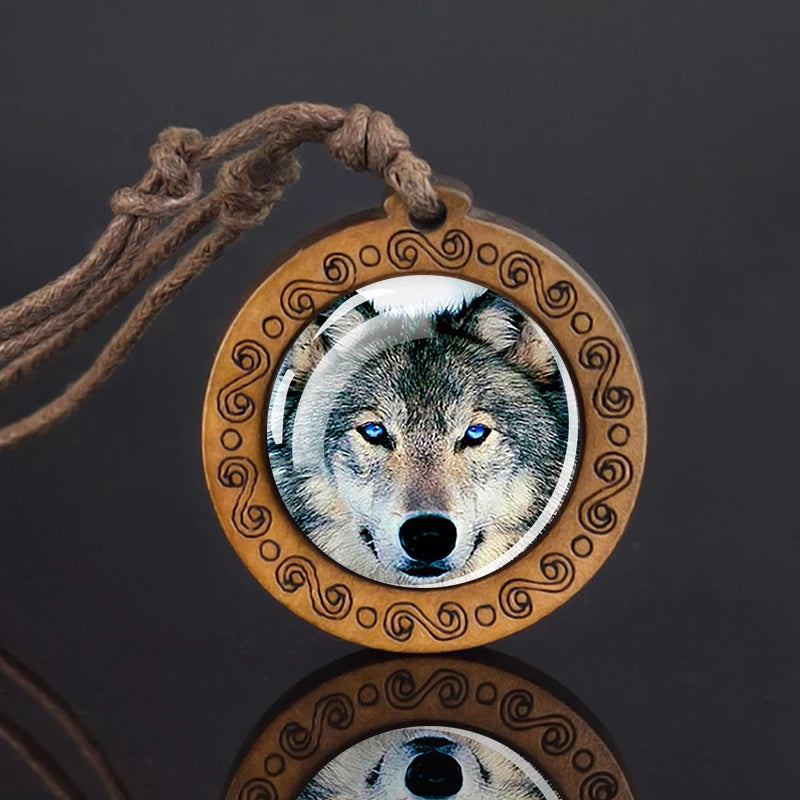 Wolf Glass Dome Necklace Men Vintage Wolf Head Wood Pendant Rope Chain Necklace Retro Jewelry