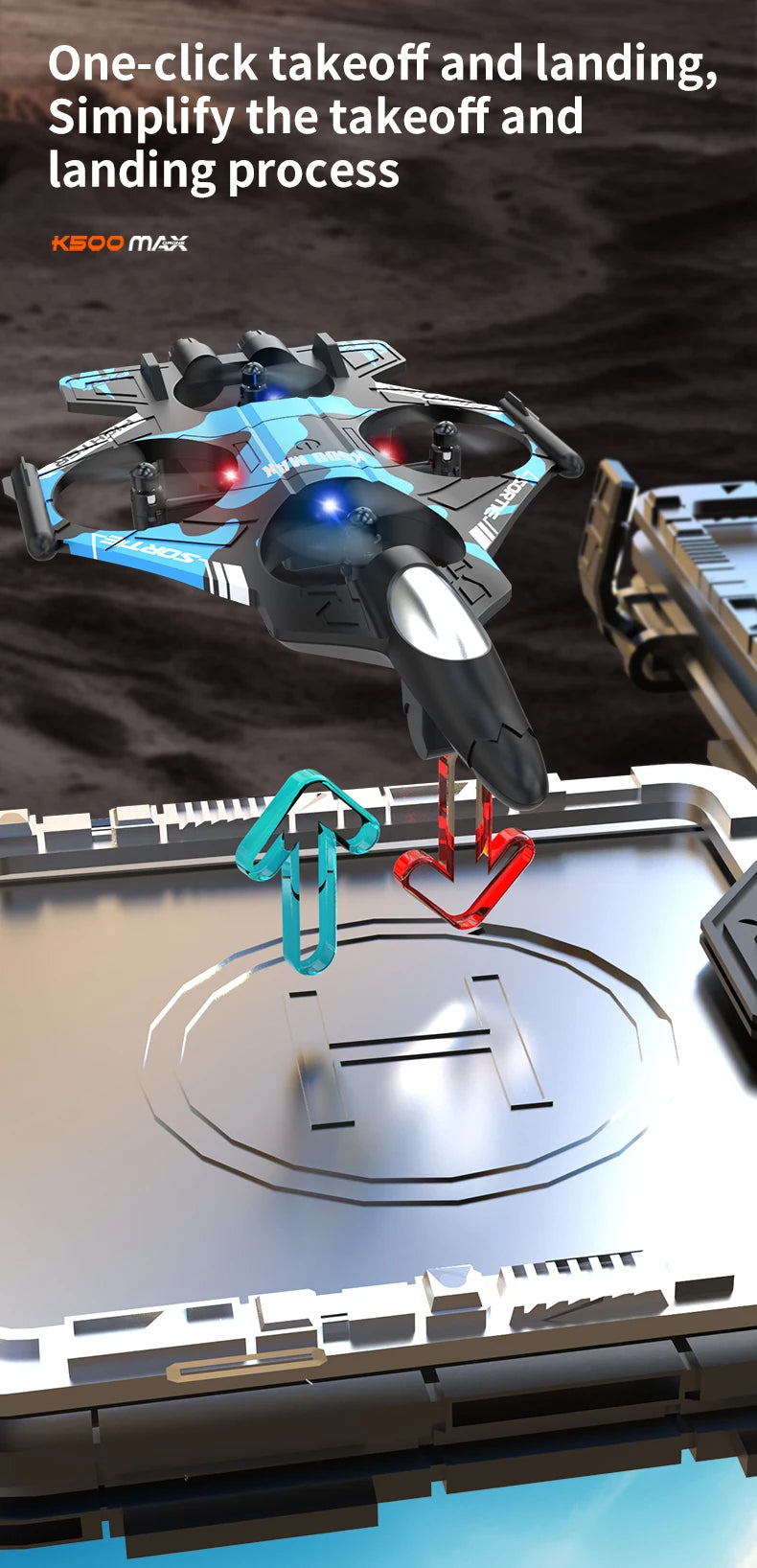 K500 MAX is equipped with a screen, a 2.4G remote-controlled aerobatic gliding fighter jet and a 360° rolling drone toy gift