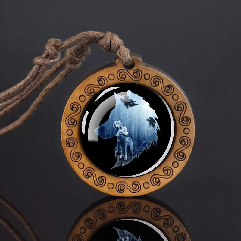 Wolf Glass Dome Necklace Men Vintage Wolf Head Wood Pendant Rope Chain Necklace Retro Jewelry