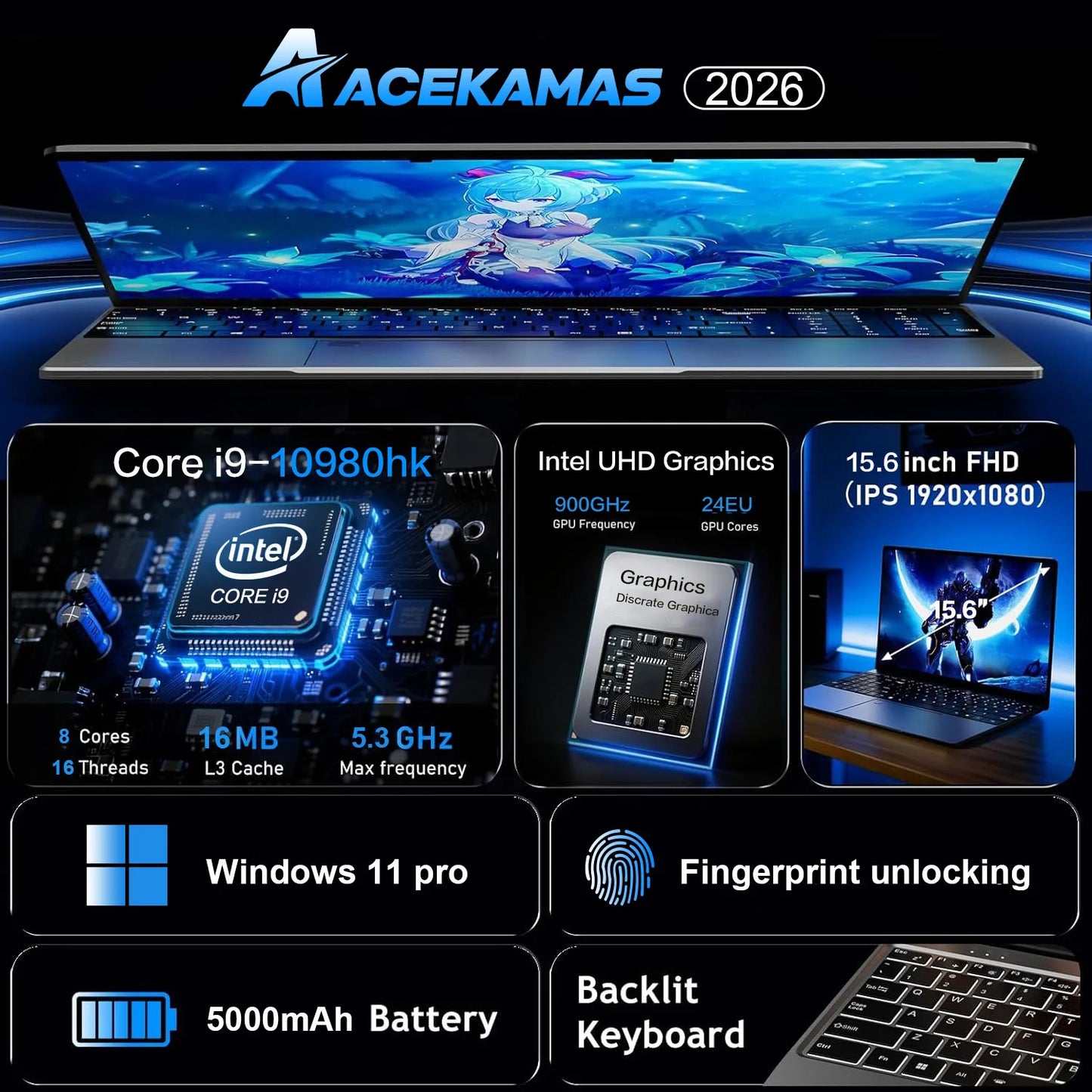 ACEKAMAS 15.6" Gaming Laptop intel Core i9 10980HK IPS 1920*1080 Notebook Gamer 16GB RAM 1TB SSD Windows 11 Pro Office Laptop PC