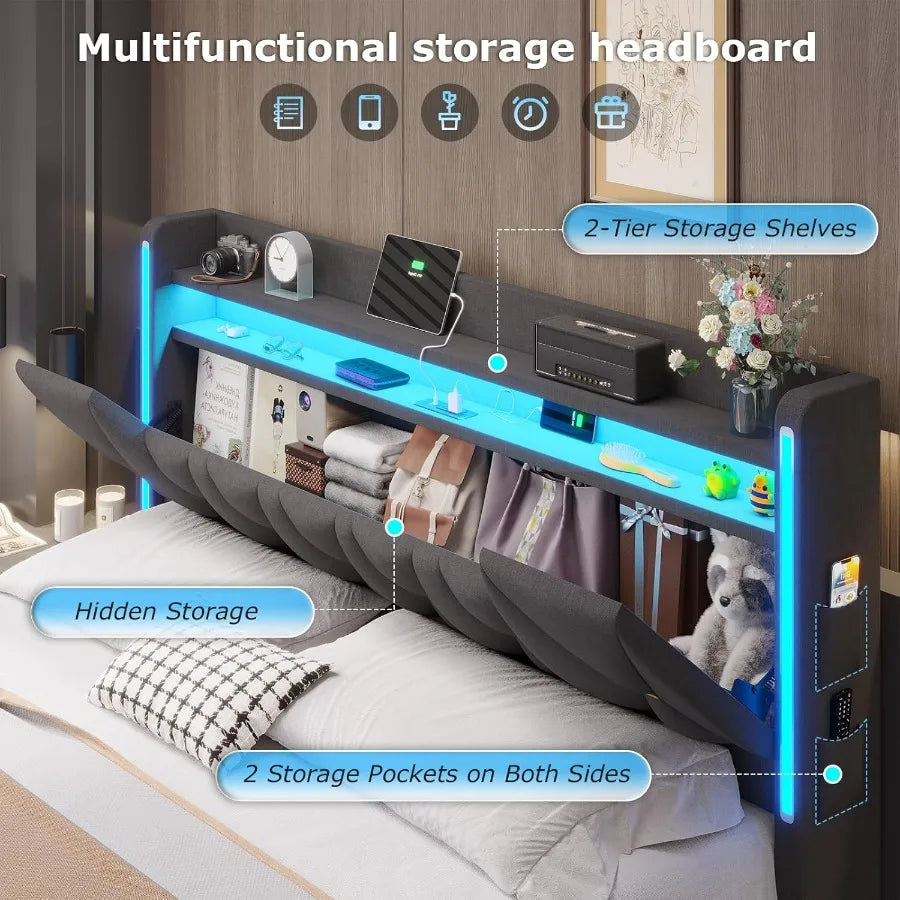 King Size Bed Frame with LED Lights and Charging Station for Modern Bedrooms Hidden Storage Space and 2Tier Shelves Upholstered