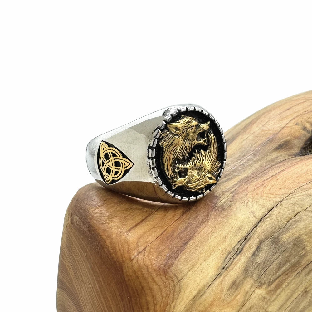 Golden Silver Viking Solid Wolfs Ring 316L Stainless Steel Jewelry Biker Punk Celtic Knot Ring Size 7-13