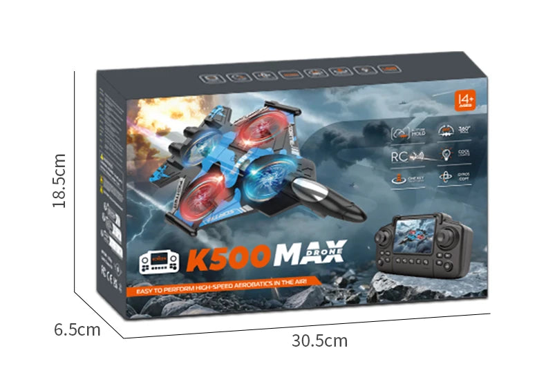 K500 MAX is equipped with a screen, a 2.4G remote-controlled aerobatic gliding fighter jet and a 360° rolling drone toy gift