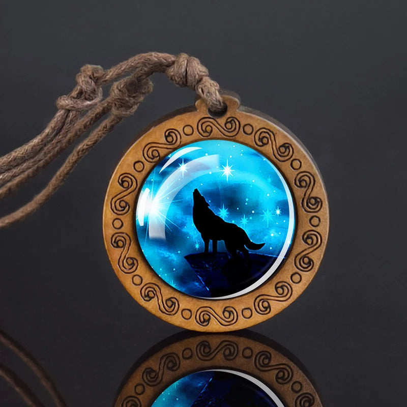 Wolf Glass Dome Necklace Men Vintage Wolf Head Wood Pendant Rope Chain Necklace Retro Jewelry