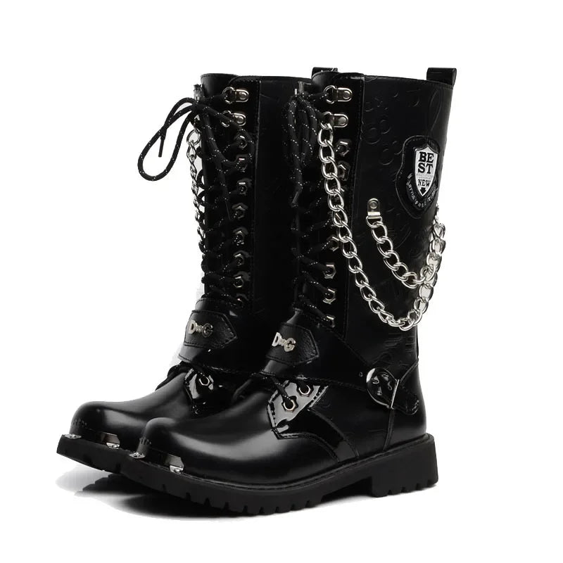 Men's Leather Motorcycle Boots Fashion Chain Mid-calf Platform Boots Gothic Belt Punk Boots for Men Designer Biker Boots Men