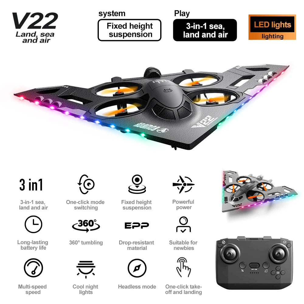 V22 3 in 1 RC Glider Helicopter 2.4G EPP Stunt Gravity Sensing Foam Fighter Remote Control Airplane With Color Light Boy Toy