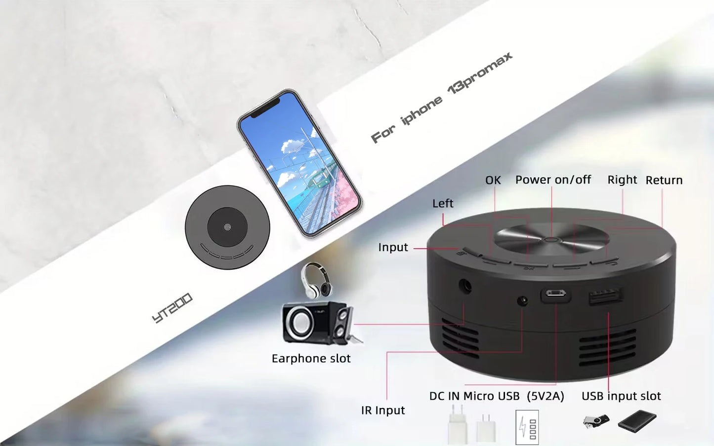 YT200 Mini Projector for Commercial Office, Home Cinema, Portable, Intelligent Outdoor, LED, Portable and Mobile Projector