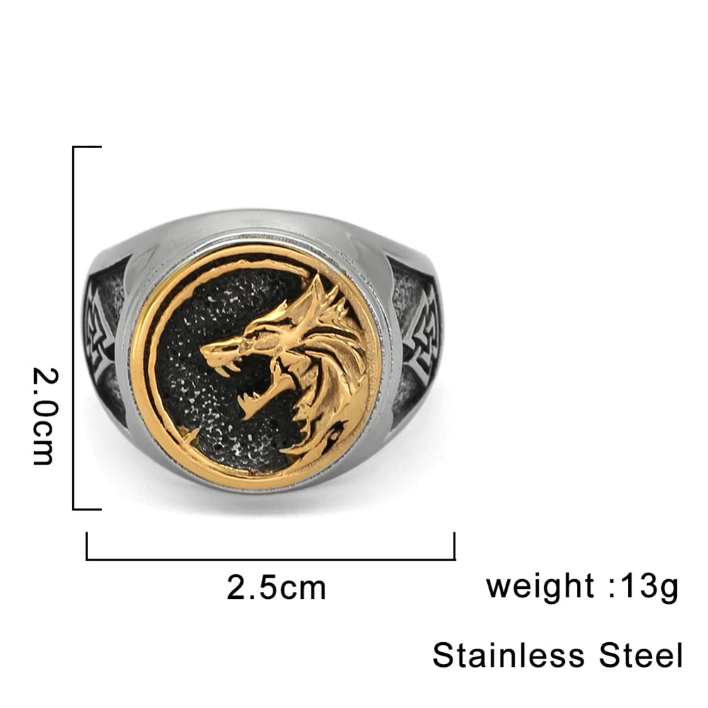 Punk Gold Color Odin Wolf Signet Rings Men Stainless Steel Norse Mythology Geri&Freki Amulet Ring Retro Viking Icelandic Jewelry
