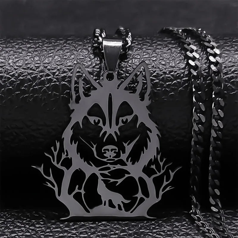 Goth Full Moon Wolf Head Pendant Necklace Women Men Black Color Forest Tree Hollow Animal Necklaces Jewelry Party Gifts N2032S03