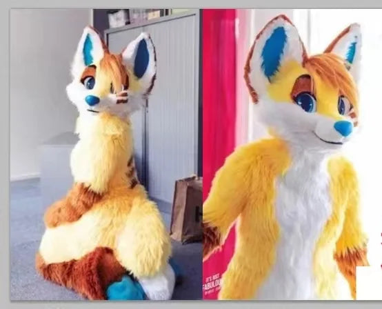 American fursuit Fox mascot costume Adult male and female cosplay in disguise for a large rave Halloween show