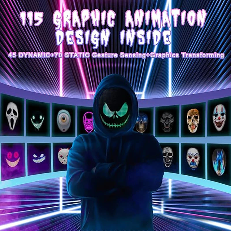 Led Mask with Gesture Sensing,Bluetooth APP Control Programmable Smart Display Face Transforming Light Up Halloween Mask