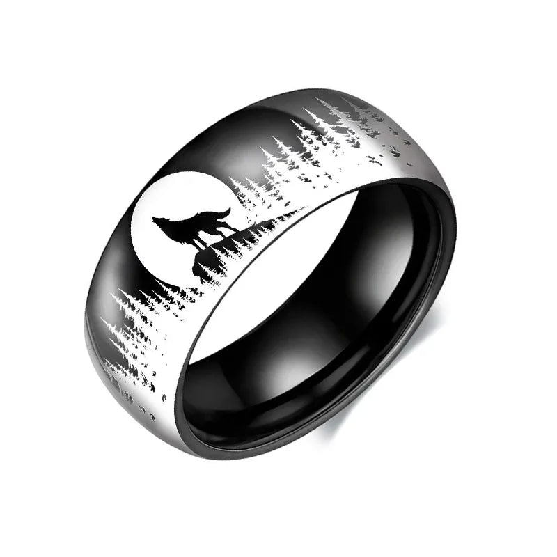 8MM Fashion Moon Wolf Men Stainless Steel Jewelry Wedding Band Steel Rings Women Men Engagement Party Unisex Ring For Gift