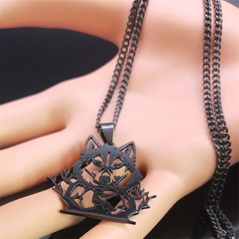 Goth Full Moon Wolf Head Pendant Necklace Women Men Black Color Forest Tree Hollow Animal Necklaces Jewelry Party Gifts N2032S03