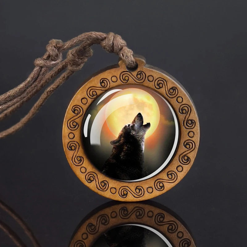 Wolf Glass Dome Necklace Men Vintage Wolf Head Wood Pendant Rope Chain Necklace Retro Jewelry