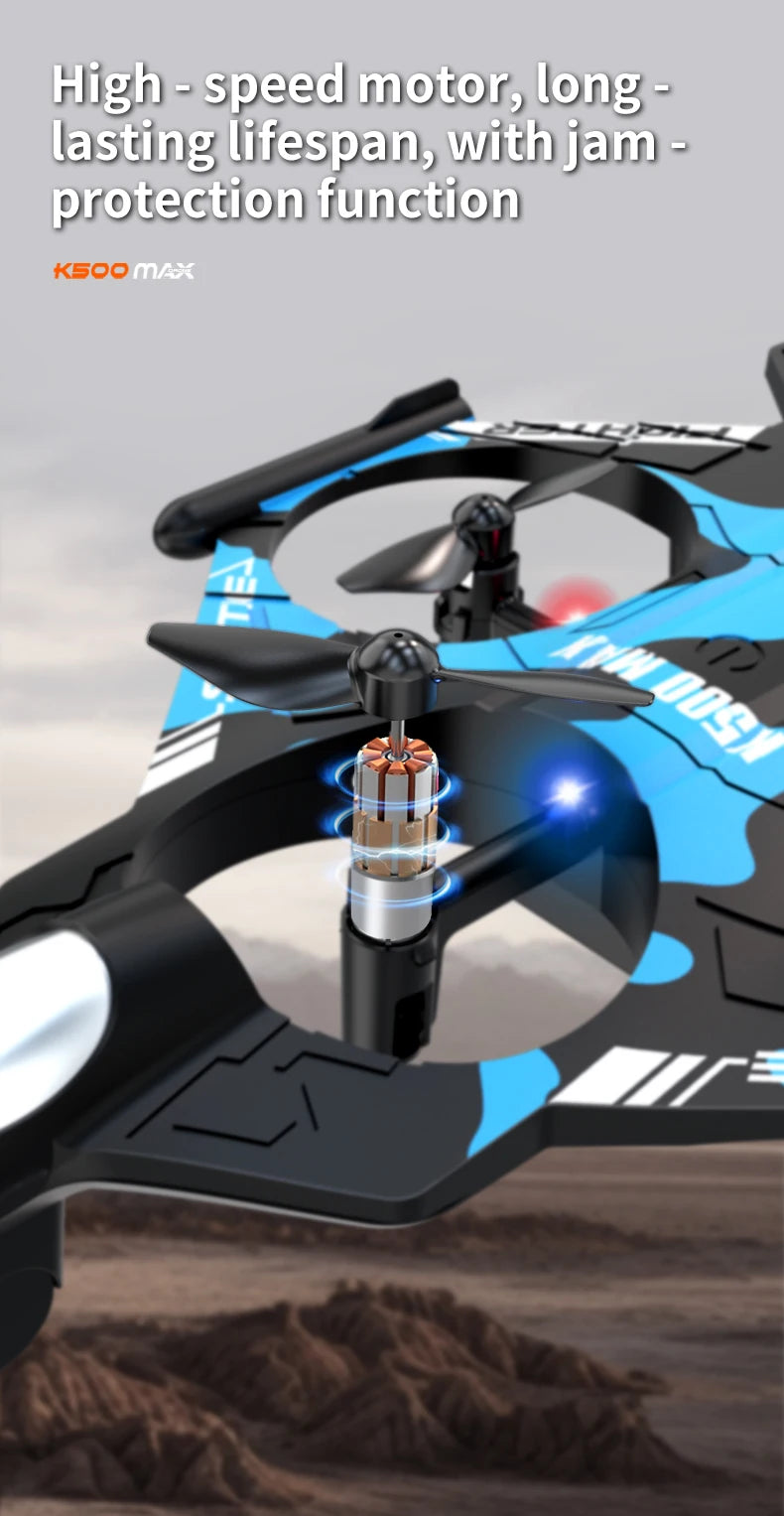 K500 MAX is equipped with a screen, a 2.4G remote-controlled aerobatic gliding fighter jet and a 360° rolling drone toy gift