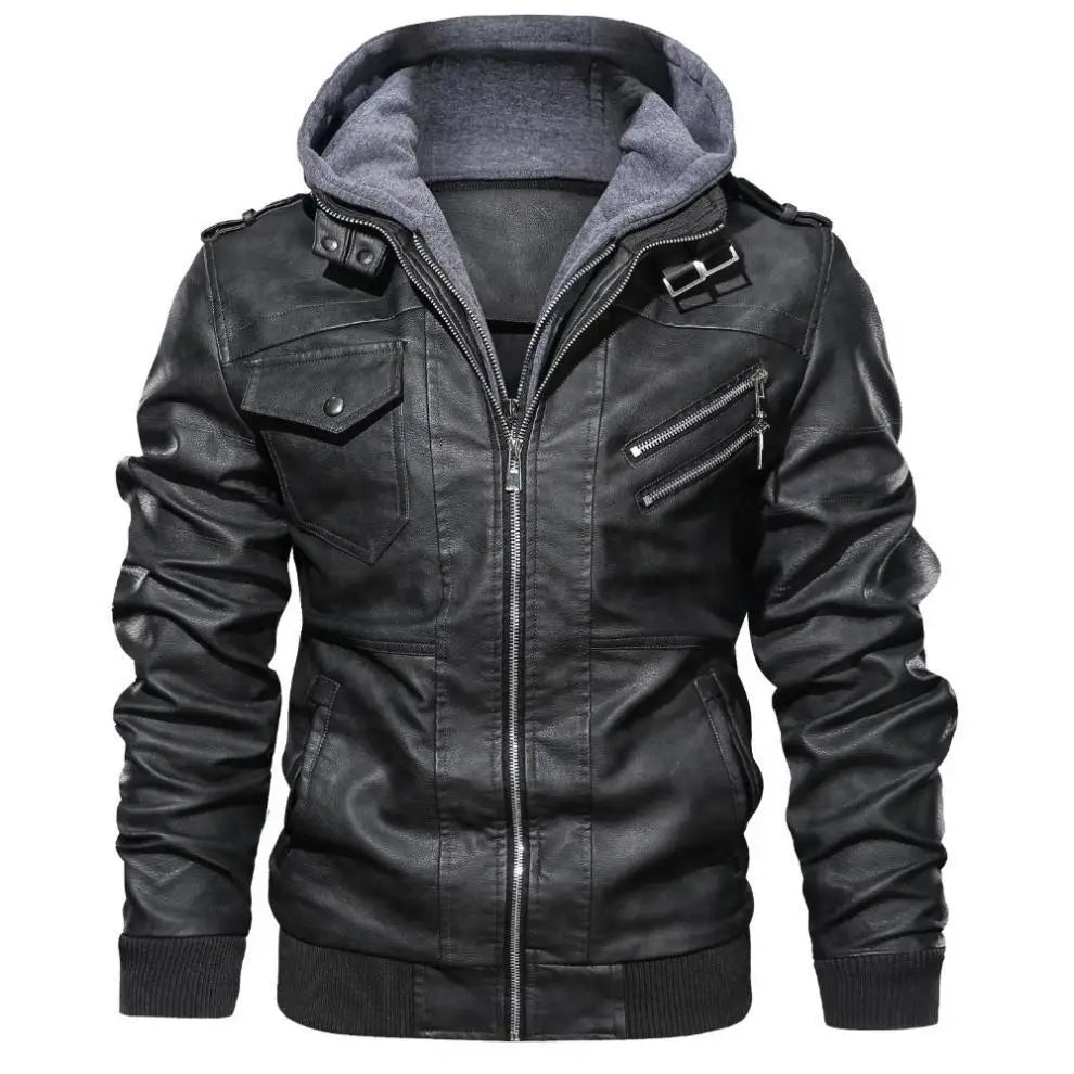 Men Jackets Fake Two Leather Jacket Double Zipper Removable Hooded Biker Leather Coat Male Cardigan Overcoat