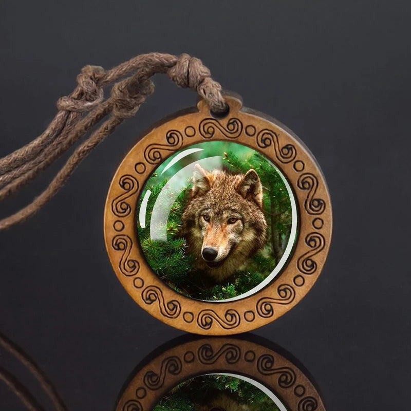 Wolf Glass Dome Necklace Men Vintage Wolf Head Wood Pendant Rope Chain Necklace Retro Jewelry