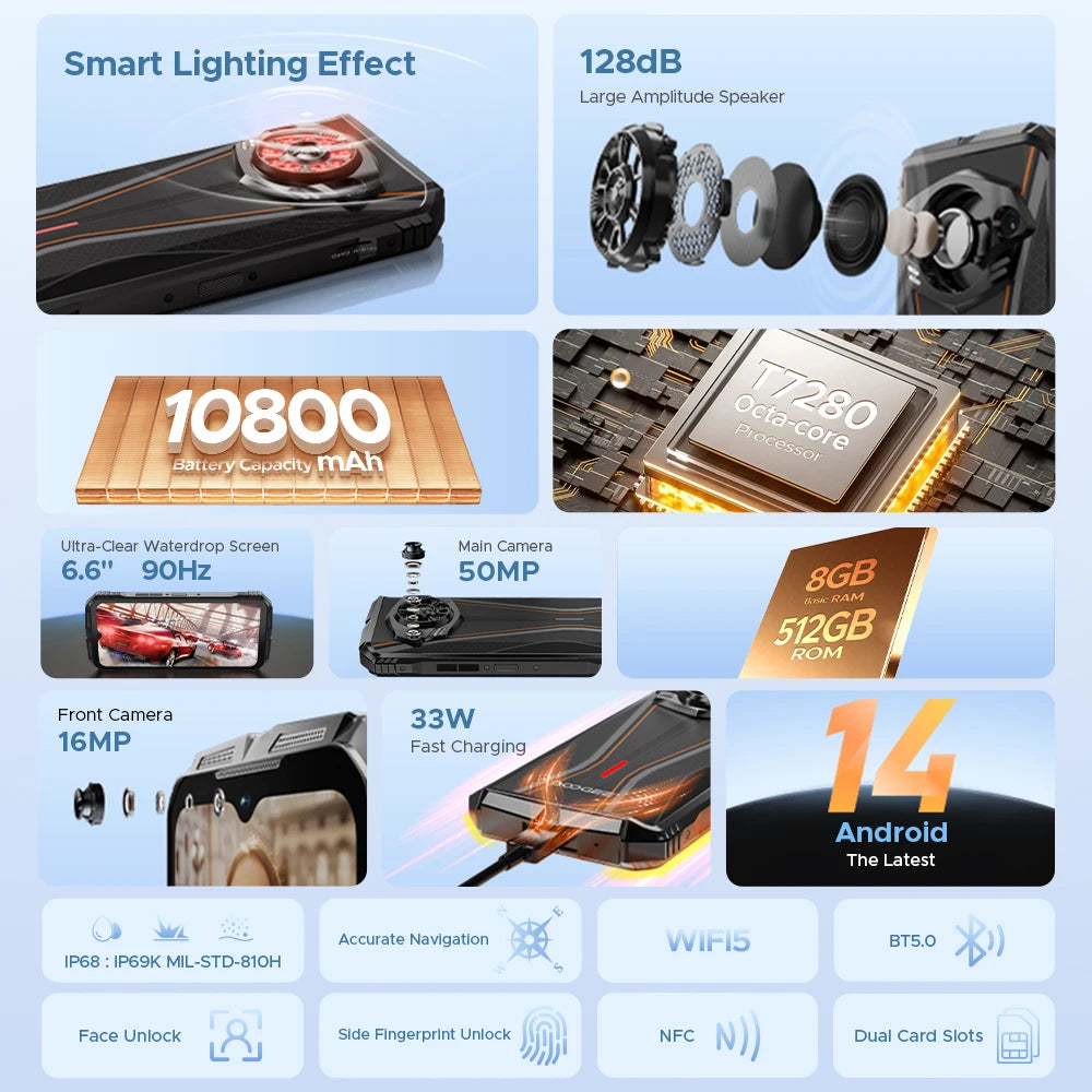 DOOGEE S Punk Pro Rugged Phone 128dB Speaker 8GB RAM 512GB ROM 6.6'' FHD+ Display 10800mAh Battery 50MP AI Camera NFC Smartphone